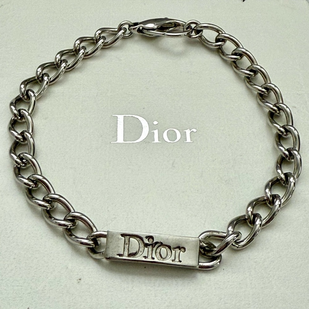 CHRISTIAN DIOR Logo Plate Silver Tone Chain Bracelet